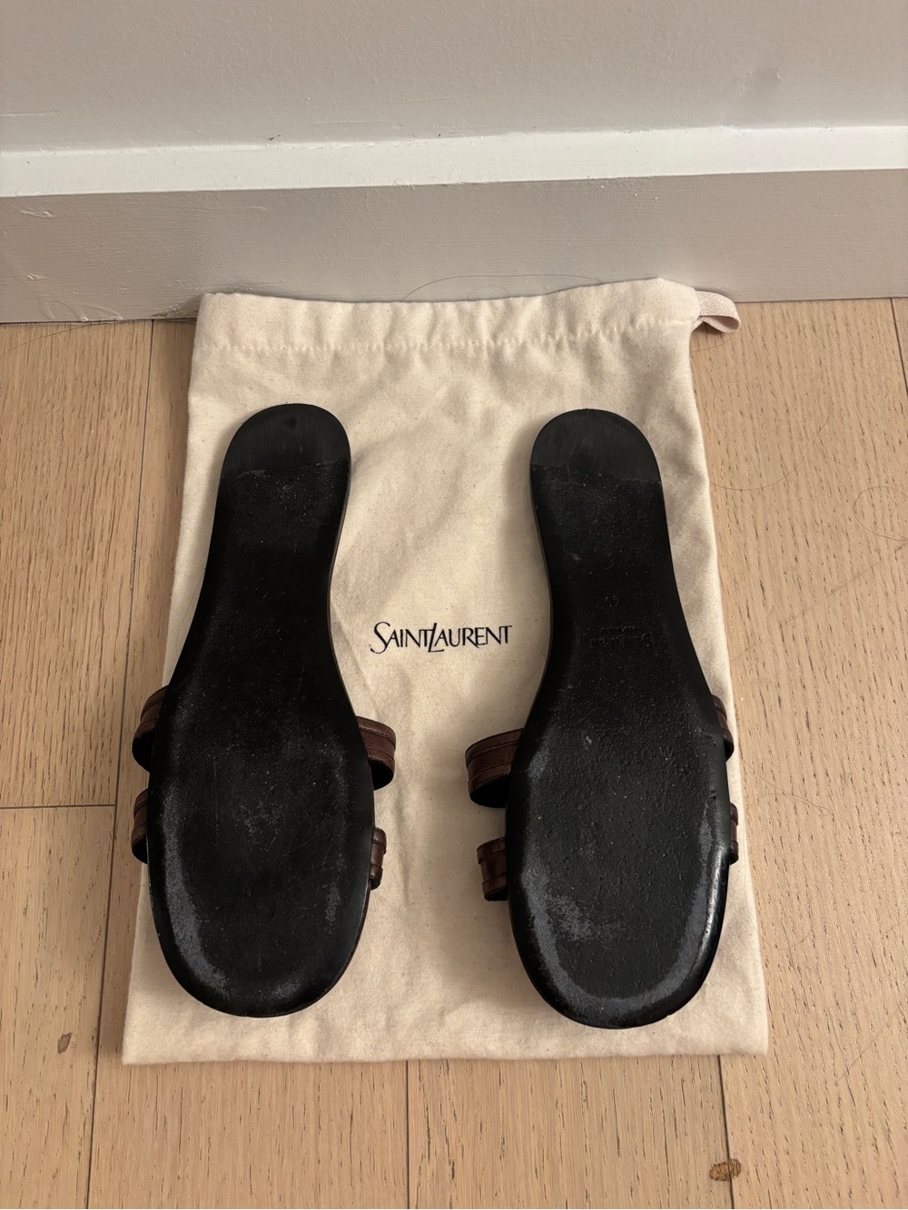 Saint Laurent Women’s Brown Leather Mabrouka Slide Sandals - Picture 2 of 4